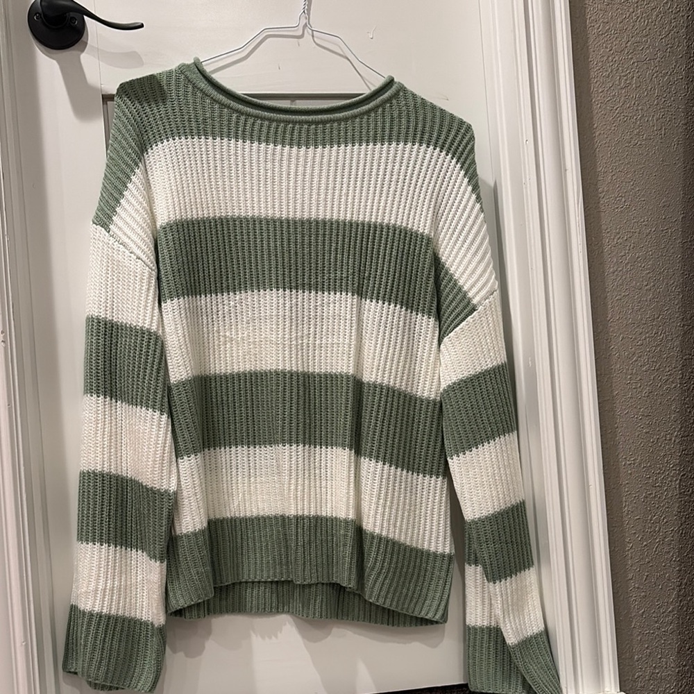 Green and White Striped Sweater